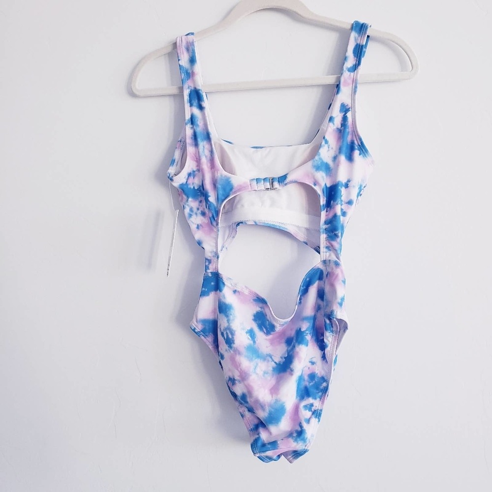 Hurley Tie Dye Cutout One-Piece Swimsuit  w Logo Purple Blue Small - Picture 2 of 4